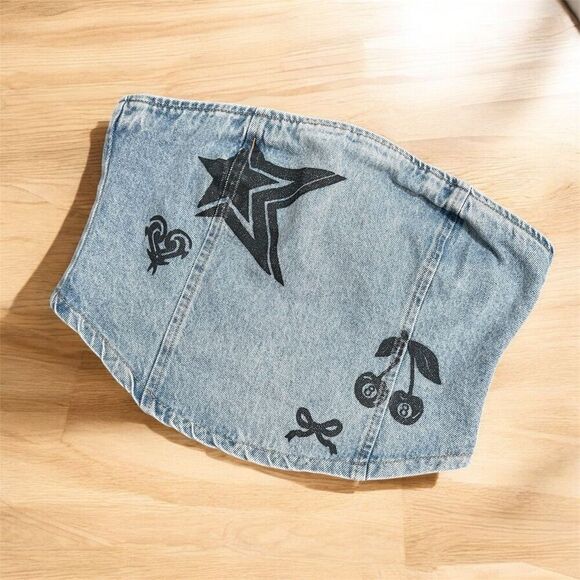 Forever 21 Blue Denim Printed Tube Top Cherry Y2K Medium Light - Picture 1 of 8